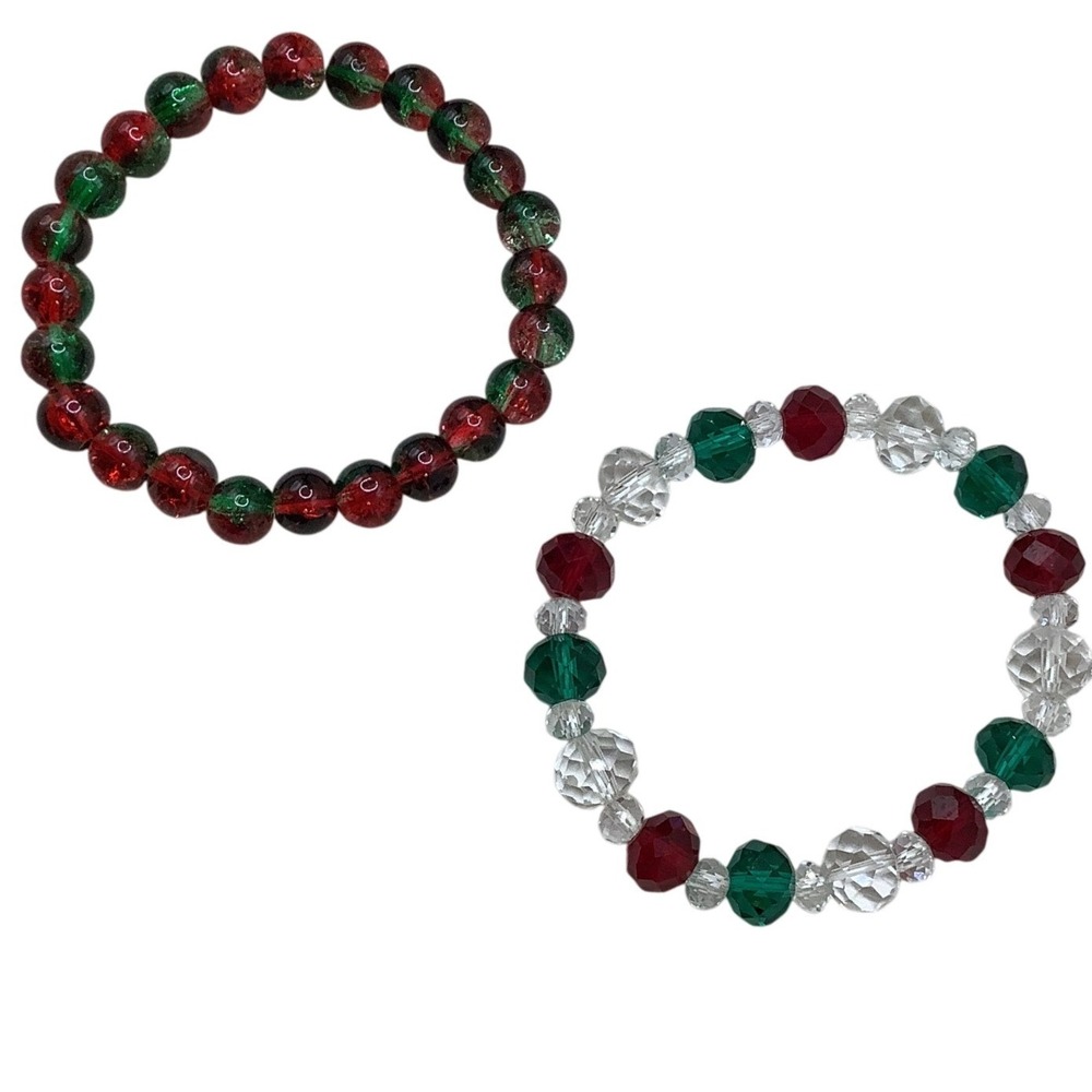 Holiday Red Green Clear Beaded Multi Strand Stretch Bracelet Christmas Jewelry